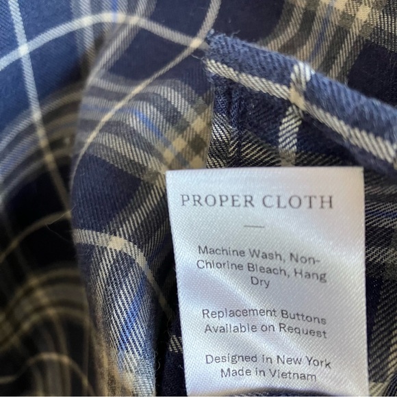 Proper Cloth Button Down Shirt Size 15.5 32.5 Blue Plaid Cotton Twill Preppy Top - Picture 5 of 6
